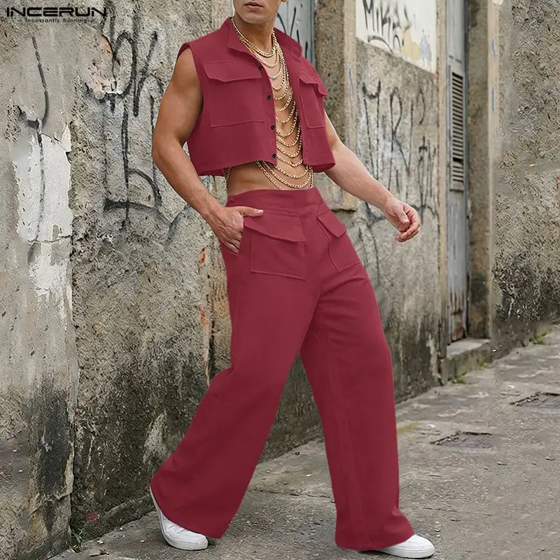 Mens Fashion Casual Outfits - INCERUN Herren-Sets Einfarbiges Ärmelloses Crop-Top Hemd