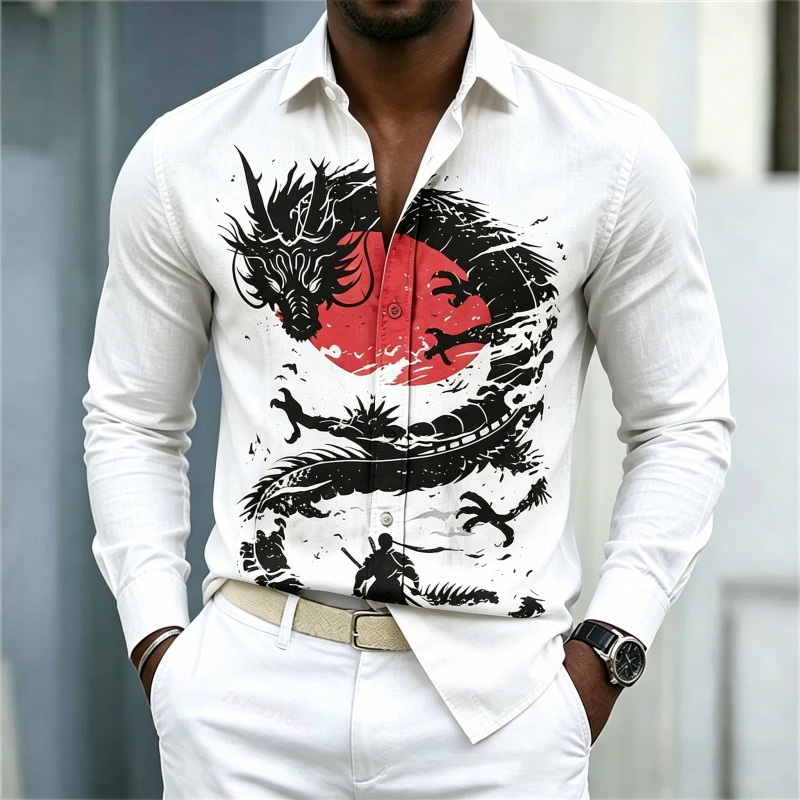 Mens Fashion Casual Outfits - 2026 Neues Herrenhemd Weiß Schwarz Rot