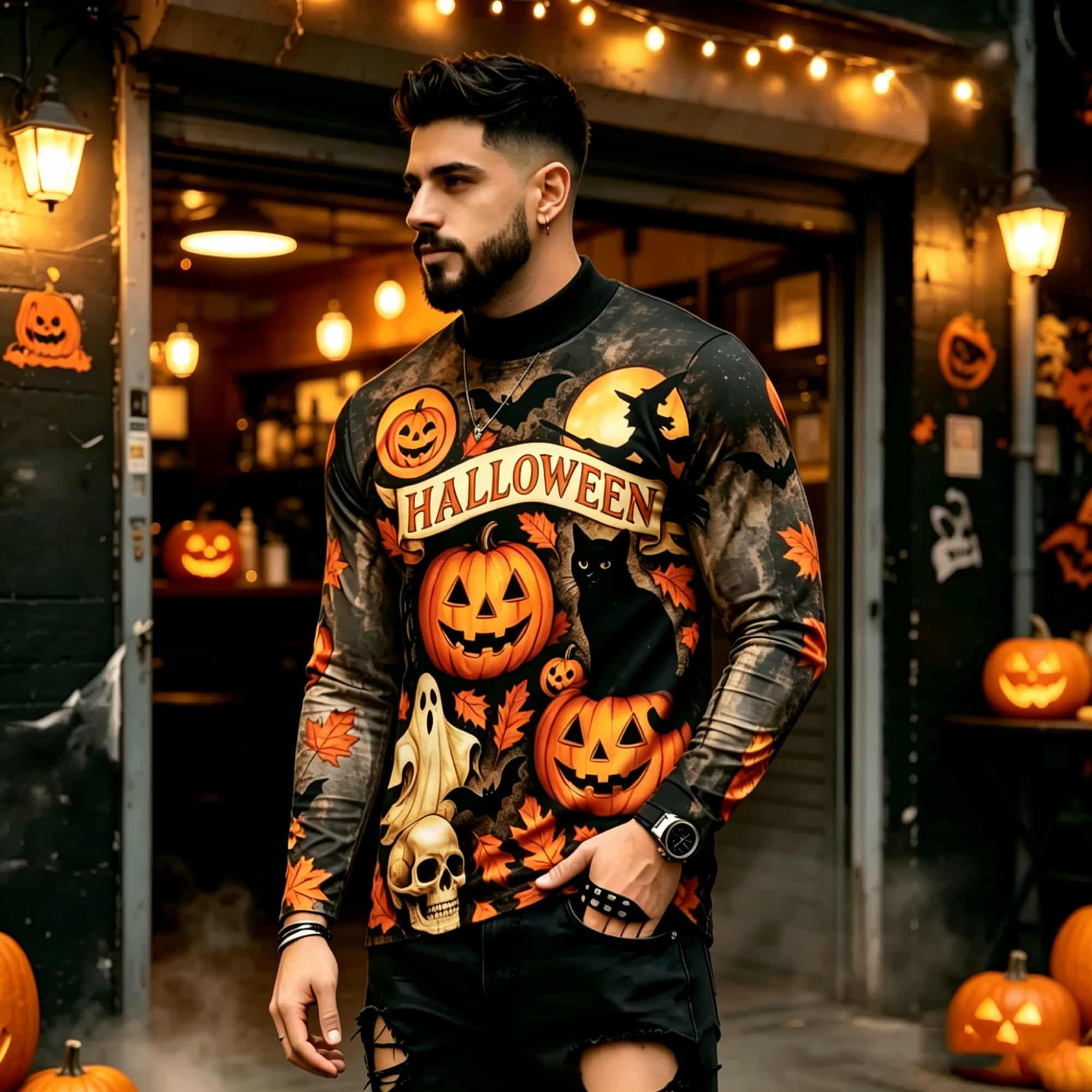 Men'S Fashion And Style - Lässiges Mode-Street-Style Halloween-Print Langarm-T-Shirt mit Kürbis-,