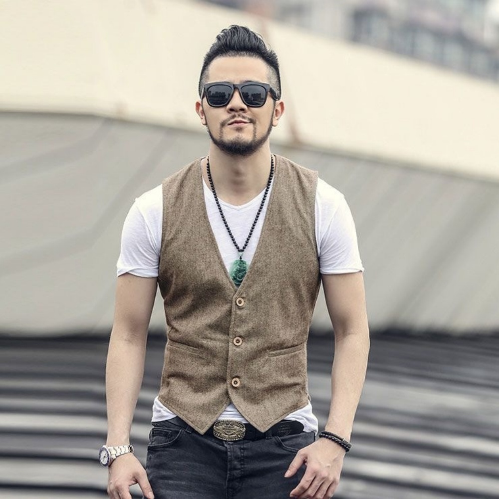 Formal Waistcoat Vest - Herren-Leinenweste mit V-Ausschnitt, einreihig, Vintage-Stil, mit