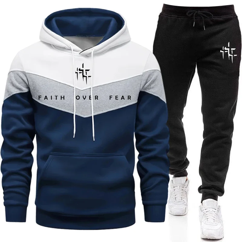 Mens Fashion Casual Outfits - Faith Over Fear Herren-Trainingsanzug, Kapuzenpullover und